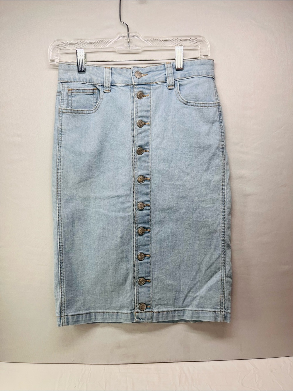 Light Wash Button-Front Midi Denim Skirt